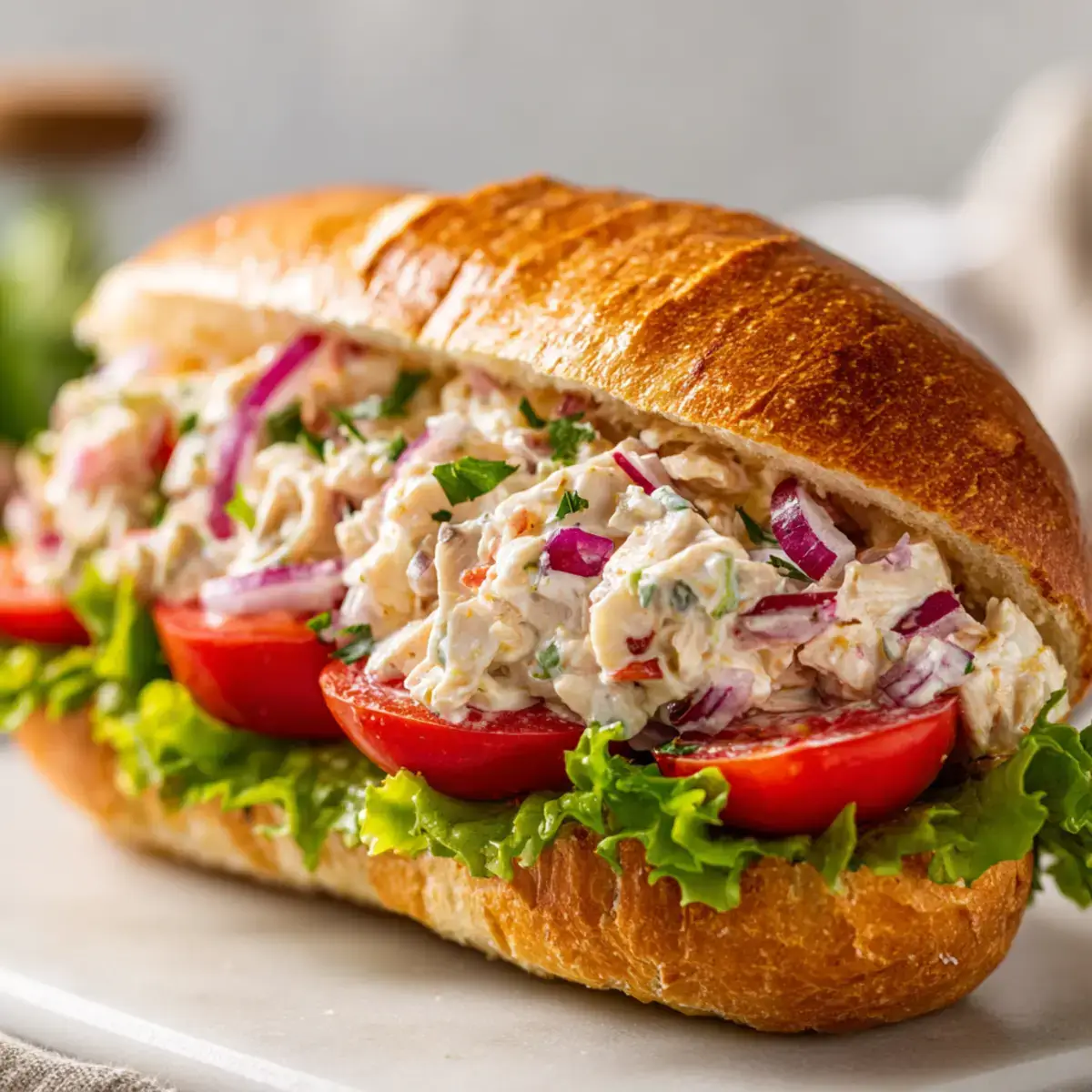Jersey Mike's chicken salad recipe served on a toasted sub roll with lettuce and tomatoesv