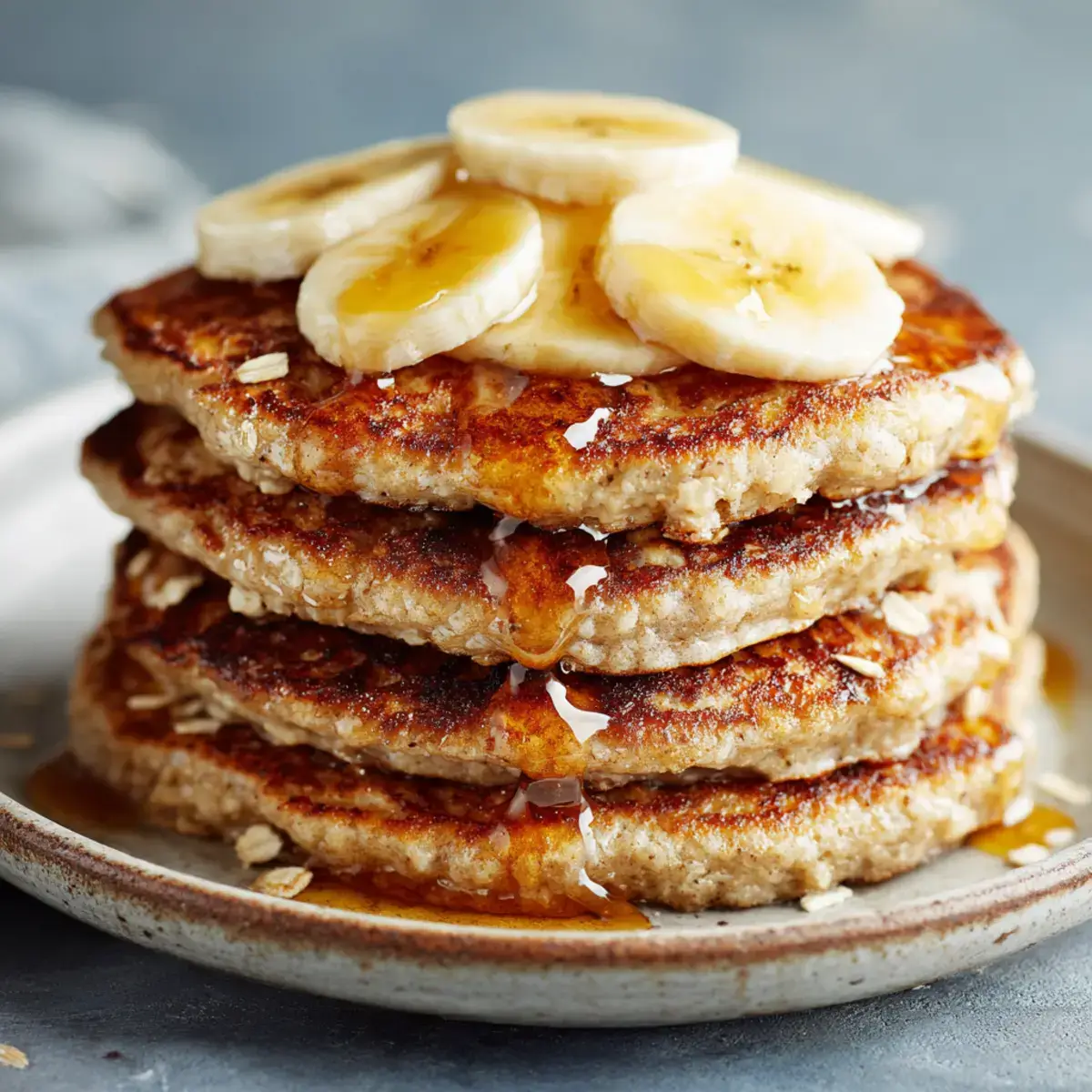 Fluffy oatmeal banana pancakes topped with maple syrup and banana slices