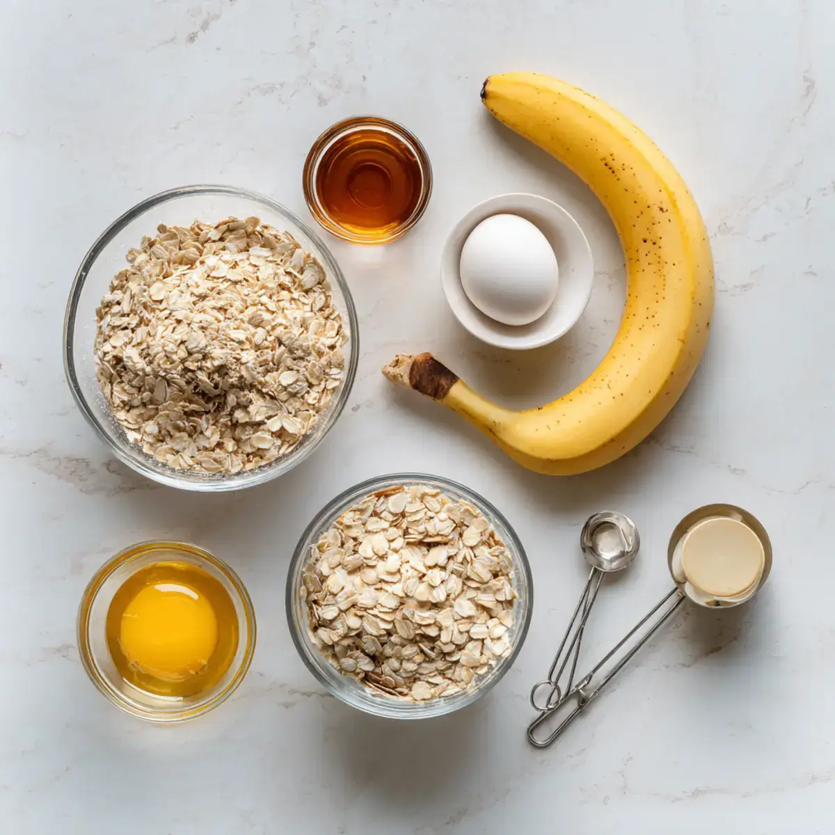 Ingredients arranged for making oatmeal banana pancakes