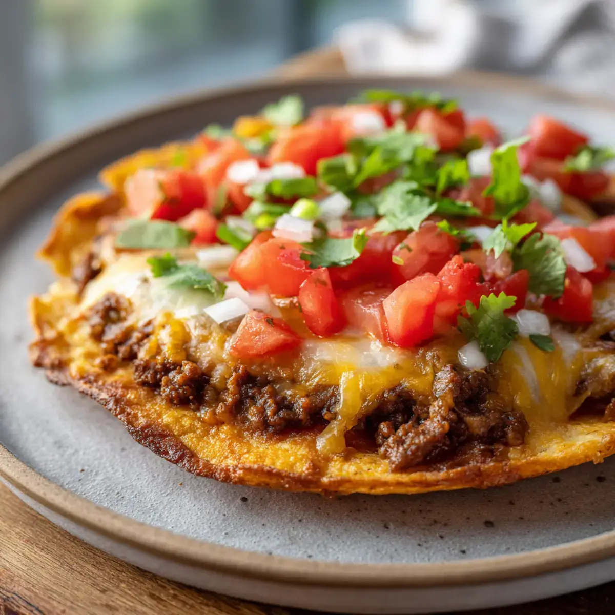 Homemade Taco Bell Mexican Pizza copycat with crispy tortilla, melted cheese, beef, and diced tomatoes on a ceramic plate