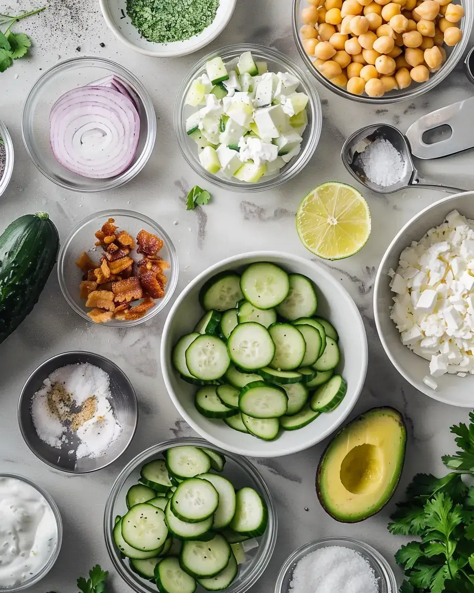 Ingredients for Creamy Cucumber Salad with Bacon and Cheddar arranged on a light countertop