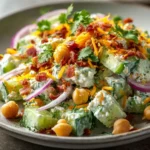 Creamy Cucumber Salad with Bacon and Cheddar on a ceramic plate with avocado dressing