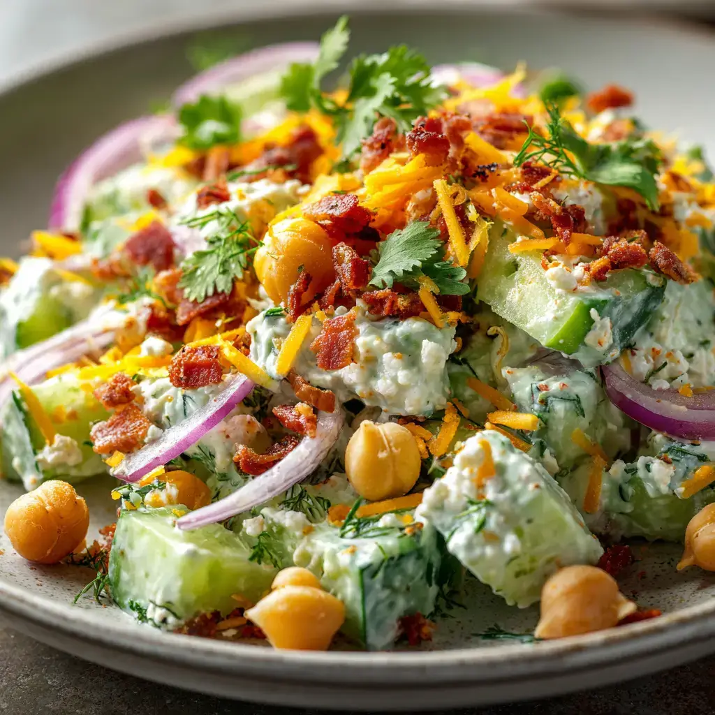 Creamy Cucumber Salad with Bacon and Cheddar on a ceramic plate with avocado dressing