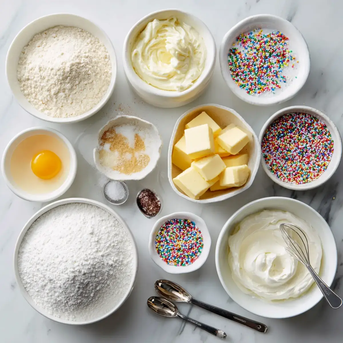 Ingredients for a viral dot cake recipe arranged in ceramic bowls on marble