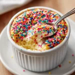Viral dot cake recipe in a ramekin topped with rainbow nonpareil sprinkles