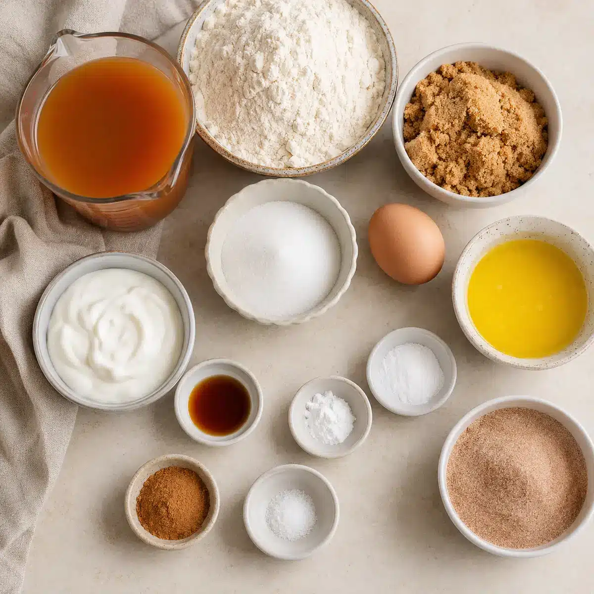 Ingredients for baked apple cider donuts arranged in bowls
