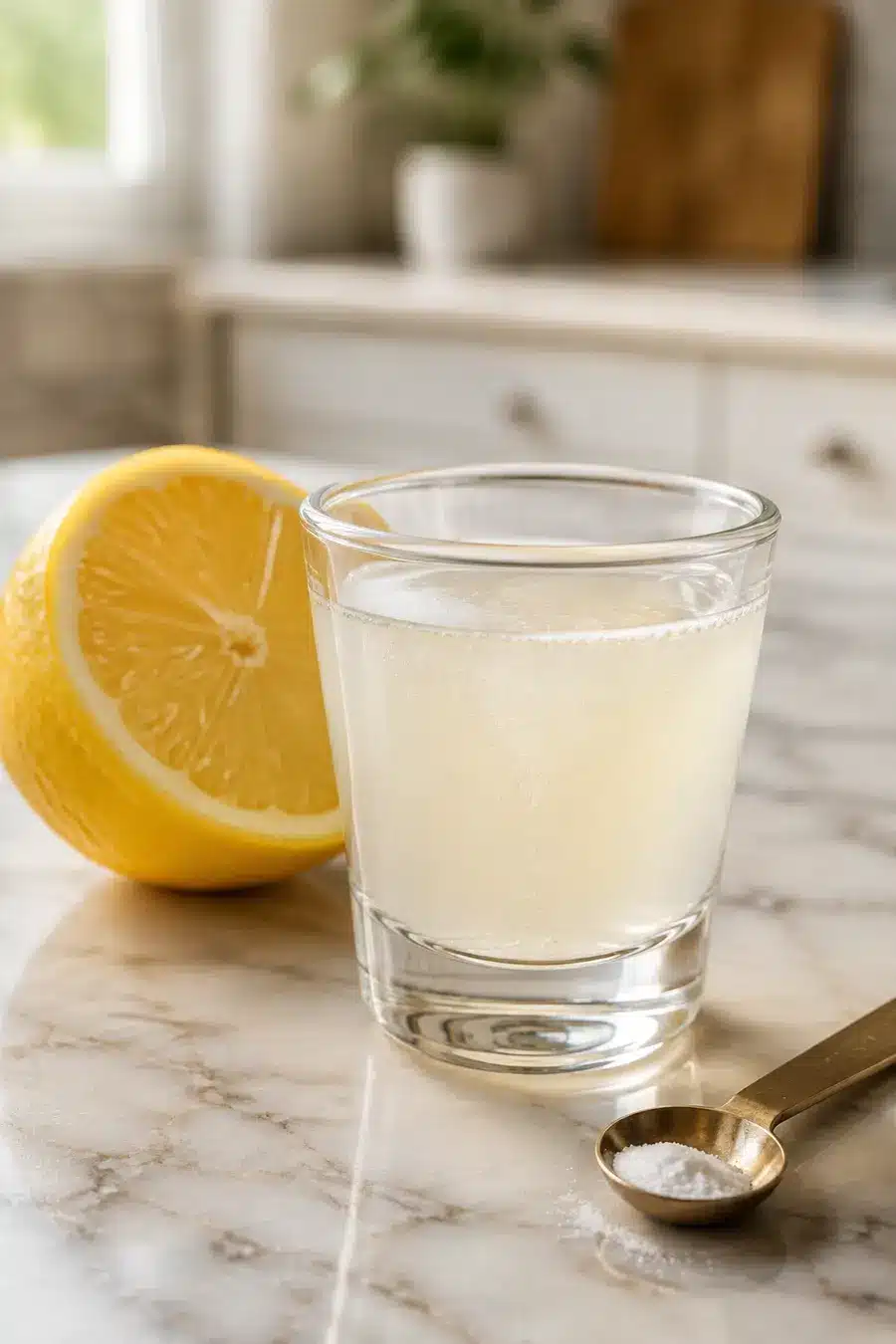 Baking soda shot recipe with lemon water in a small clear glass