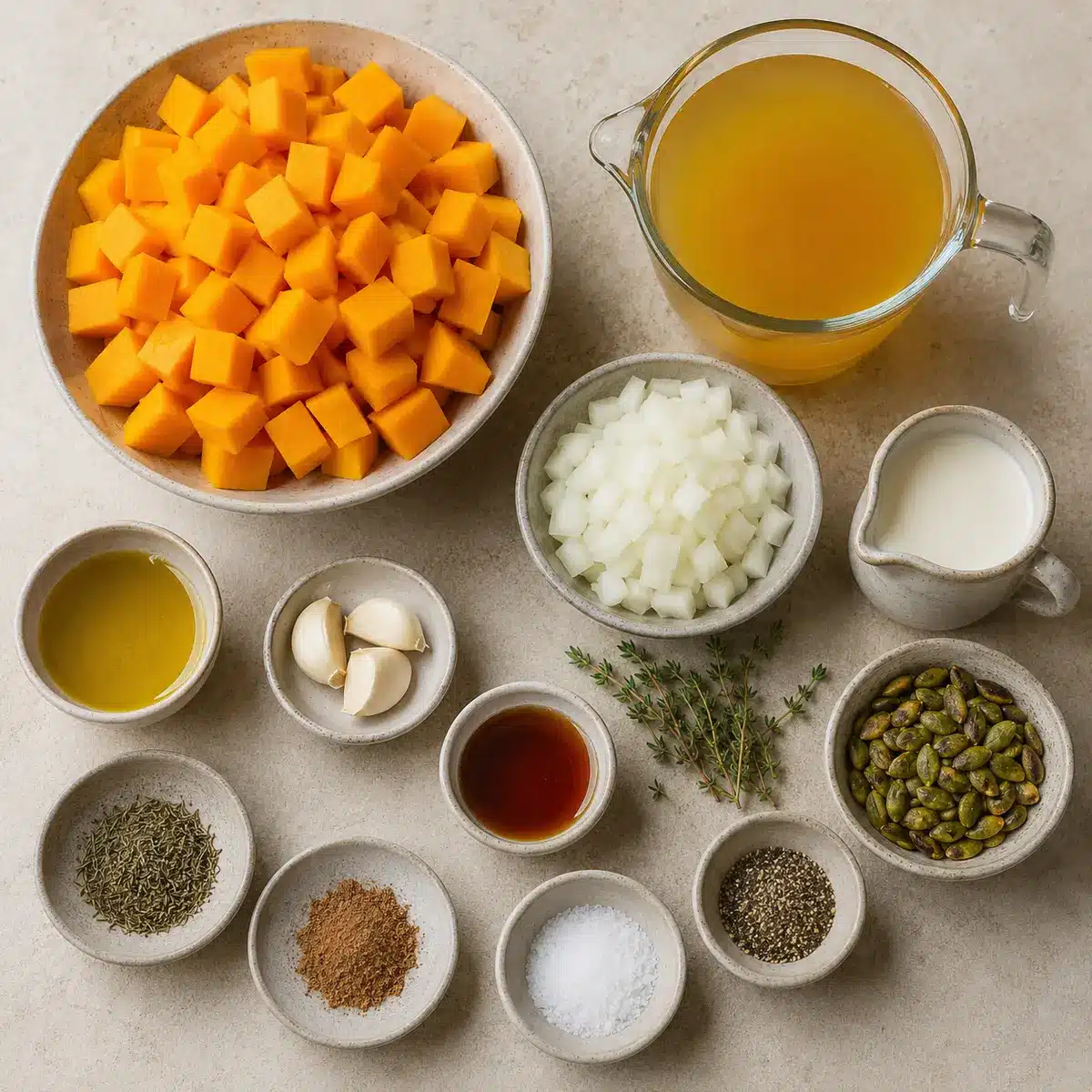 Ingredients for butternut squash soup arranged on a kitchen counter