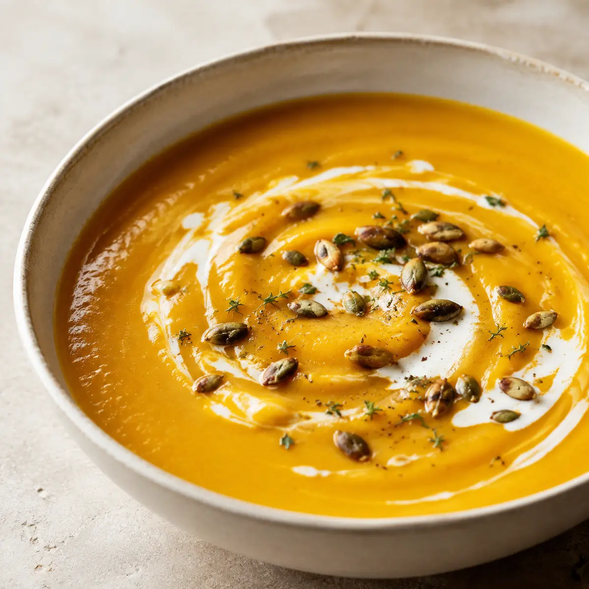 Creamy roasted butternut squash soup with pepitas and thyme