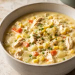 Creamy chicken corn chowder with corn, potatoes, carrots, celery and chives