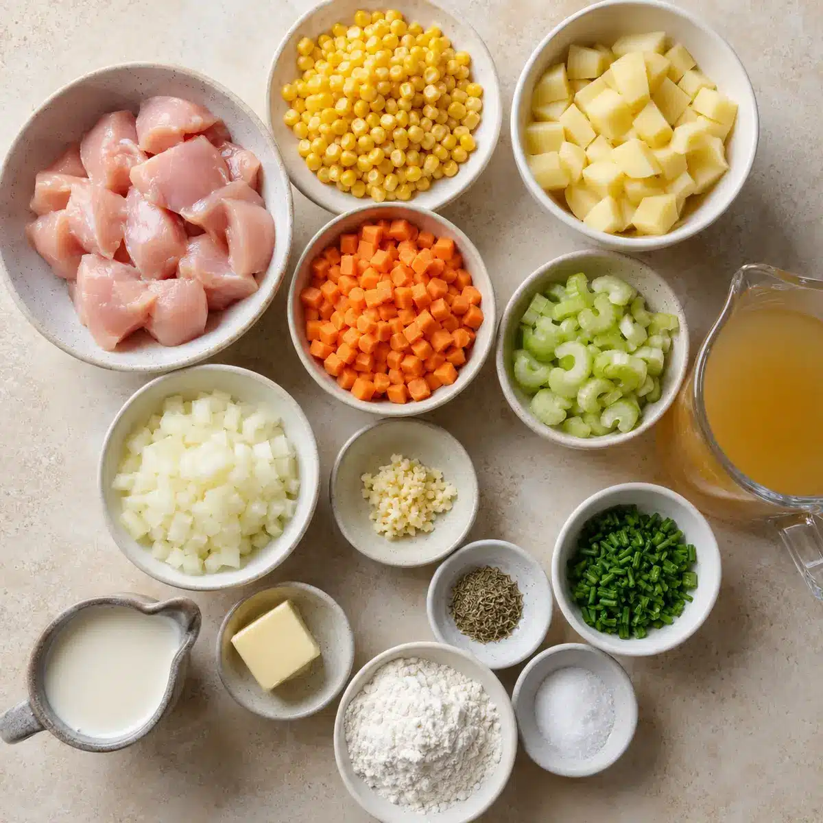 Chicken corn chowder ingredients arranged on a light stone surface