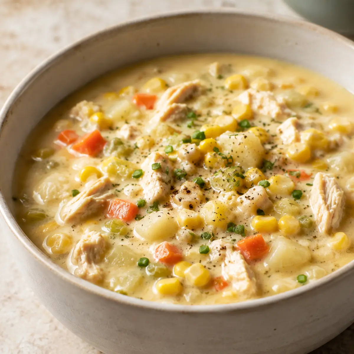 Creamy chicken corn chowder with corn, potatoes, carrots, celery and chives