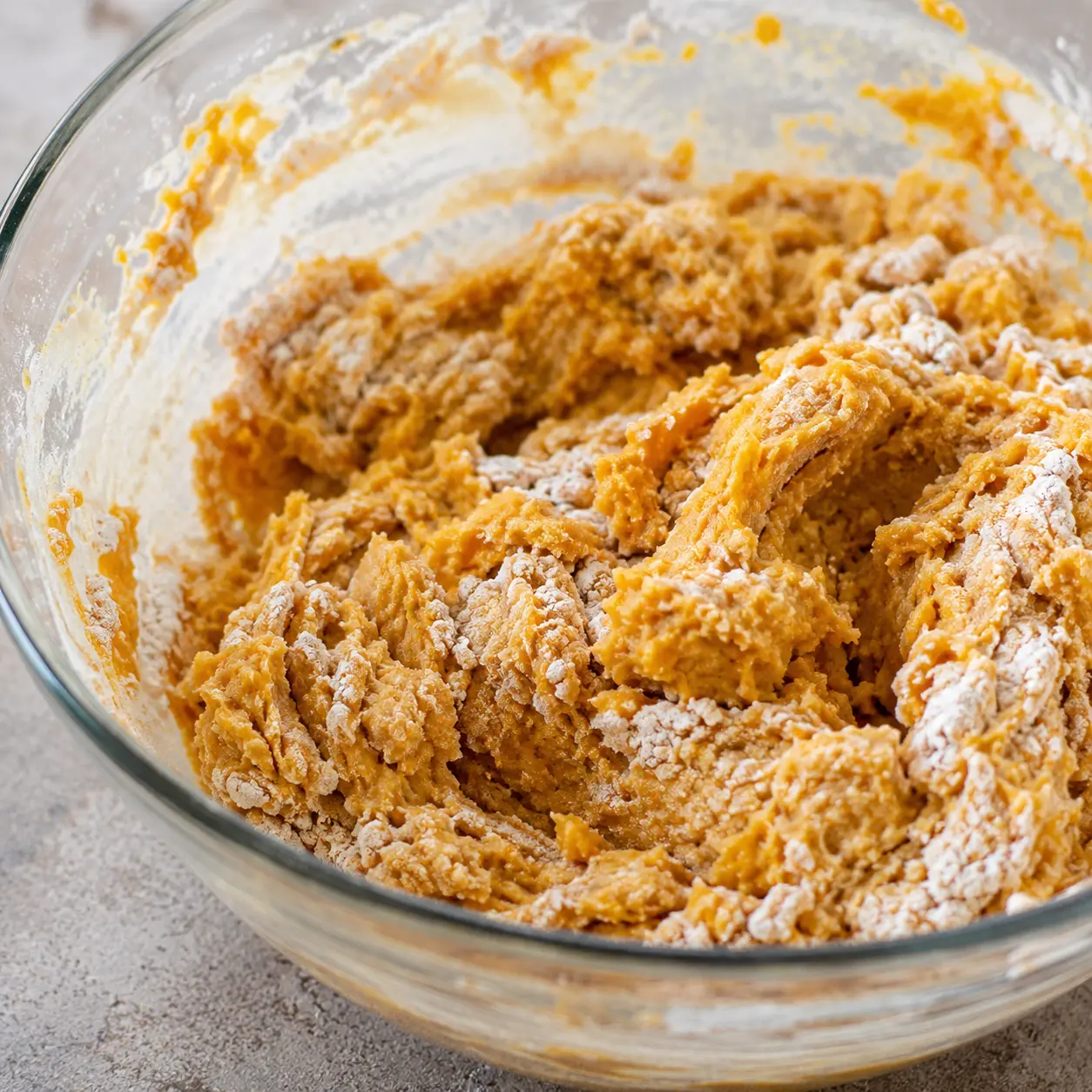 Dry ingredients folded into pumpkin cookie dough