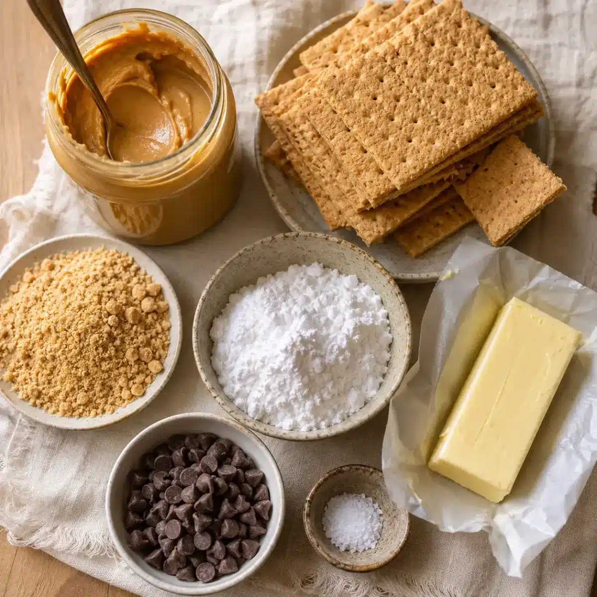Ingredients for No-Bake Peanut Butter Bars: peanut butter, graham crackers, chocolate chips