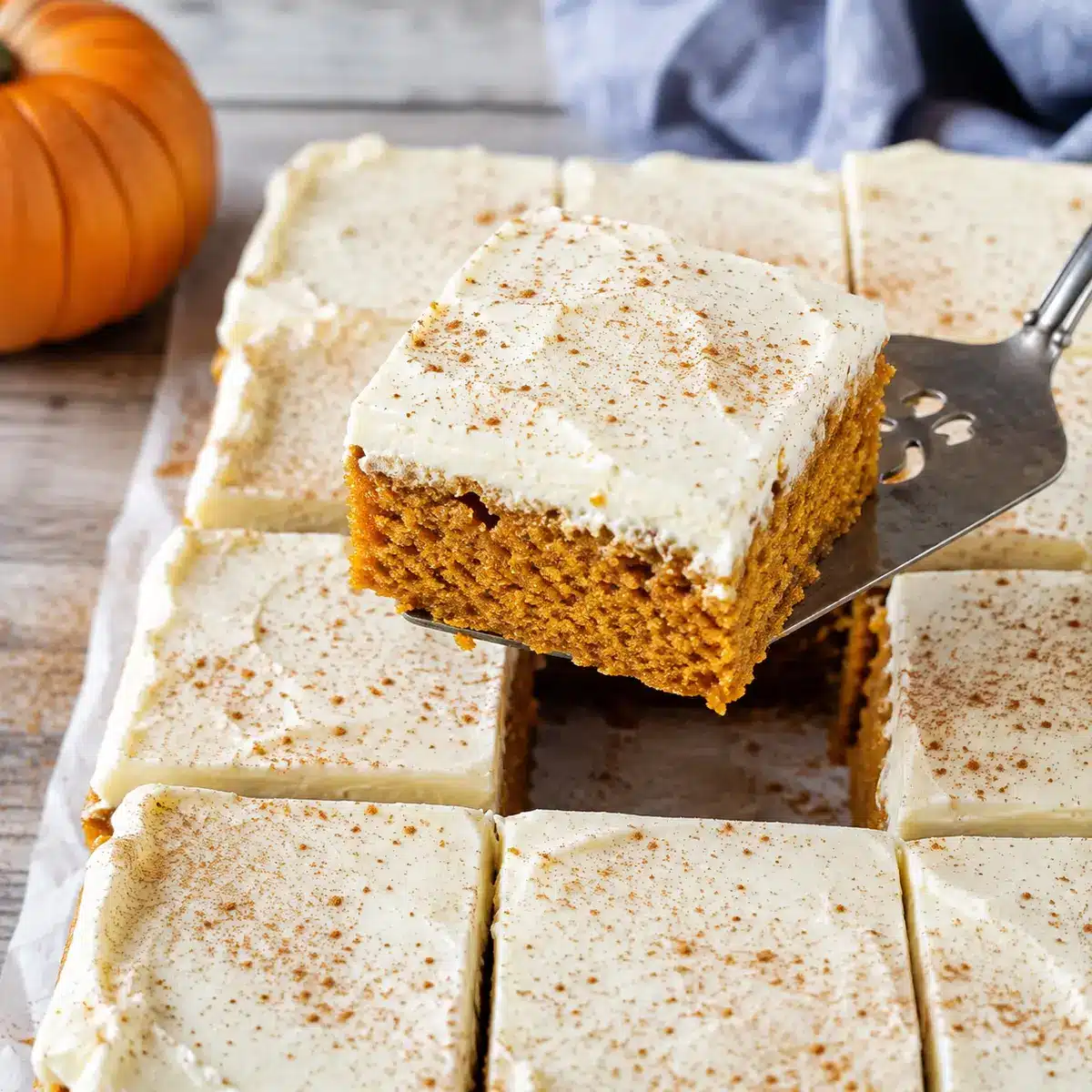 Moist pumpkin bars with cream cheese frosting