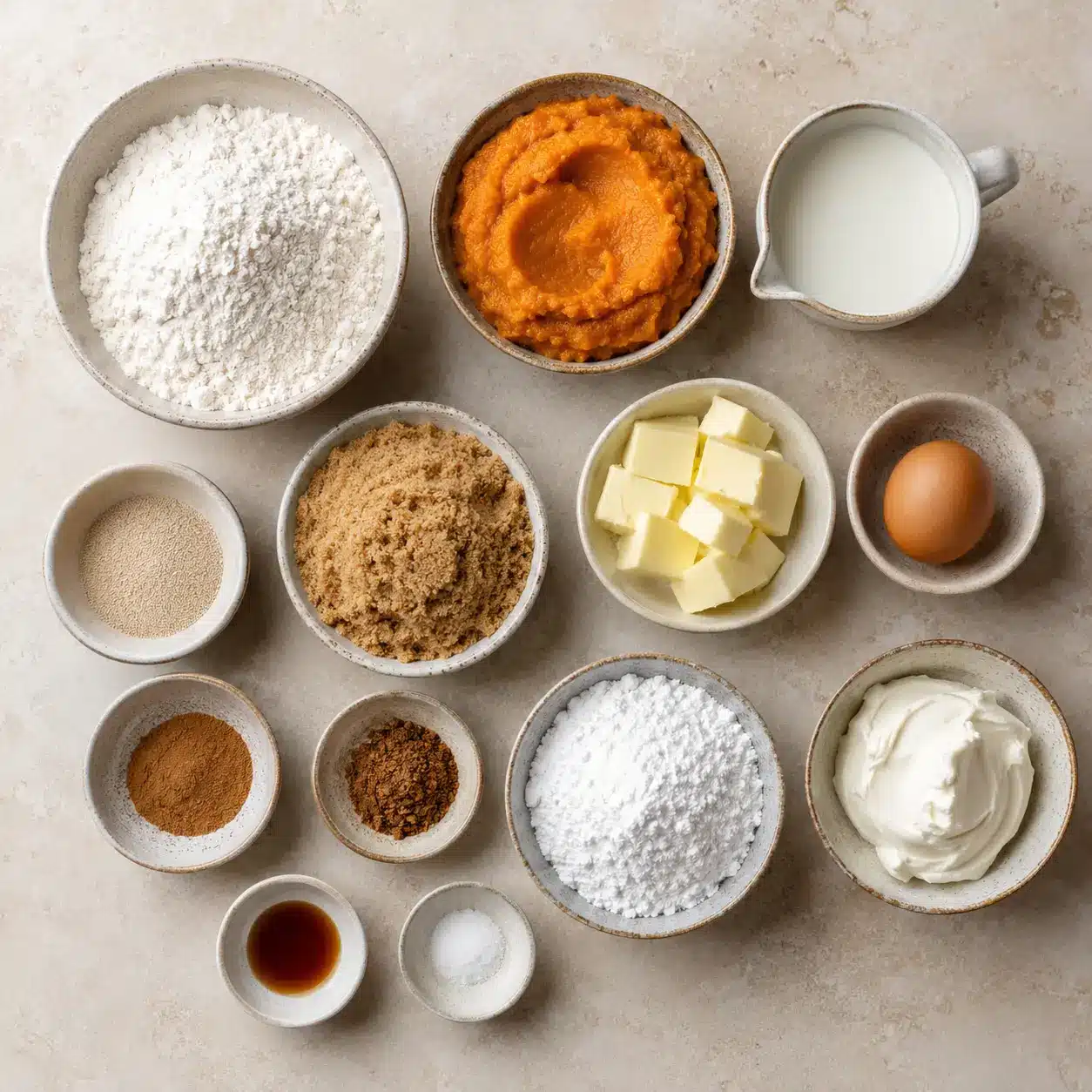 Ingredients for pumpkin cinnamon rolls arranged on a light surface