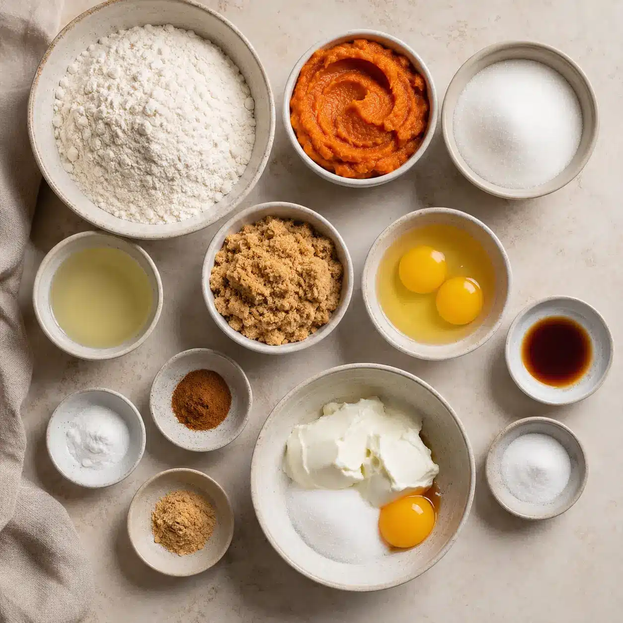 Ingredients for pumpkin cream cheese muffins arranged on a counter