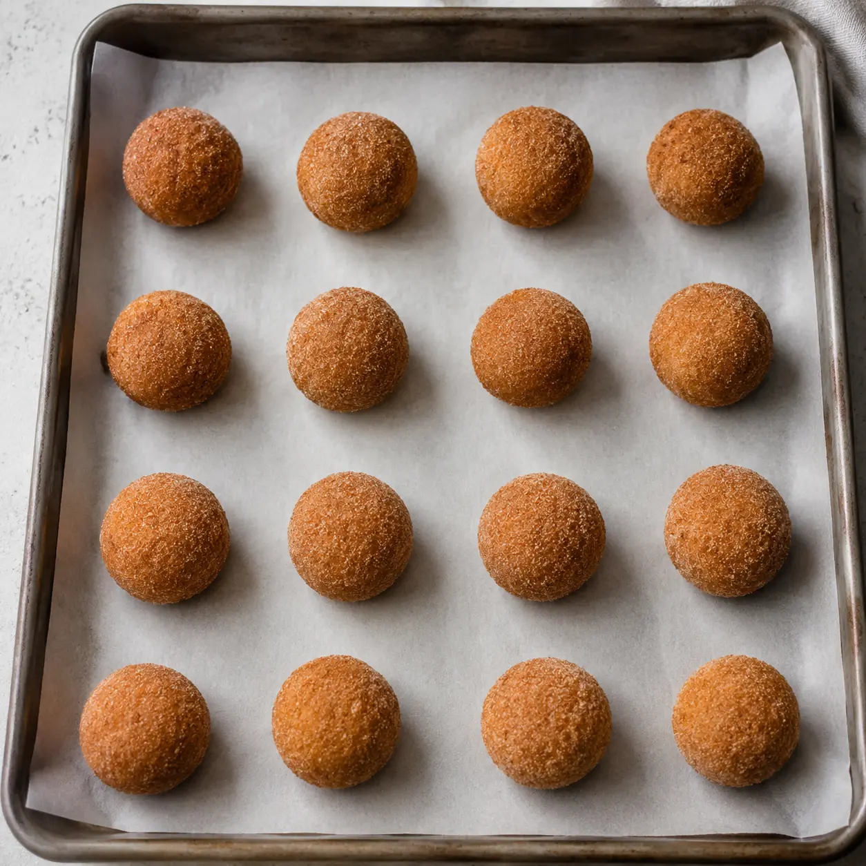 Pumpkin cookie dough balls on a parchment lined baking sheet
