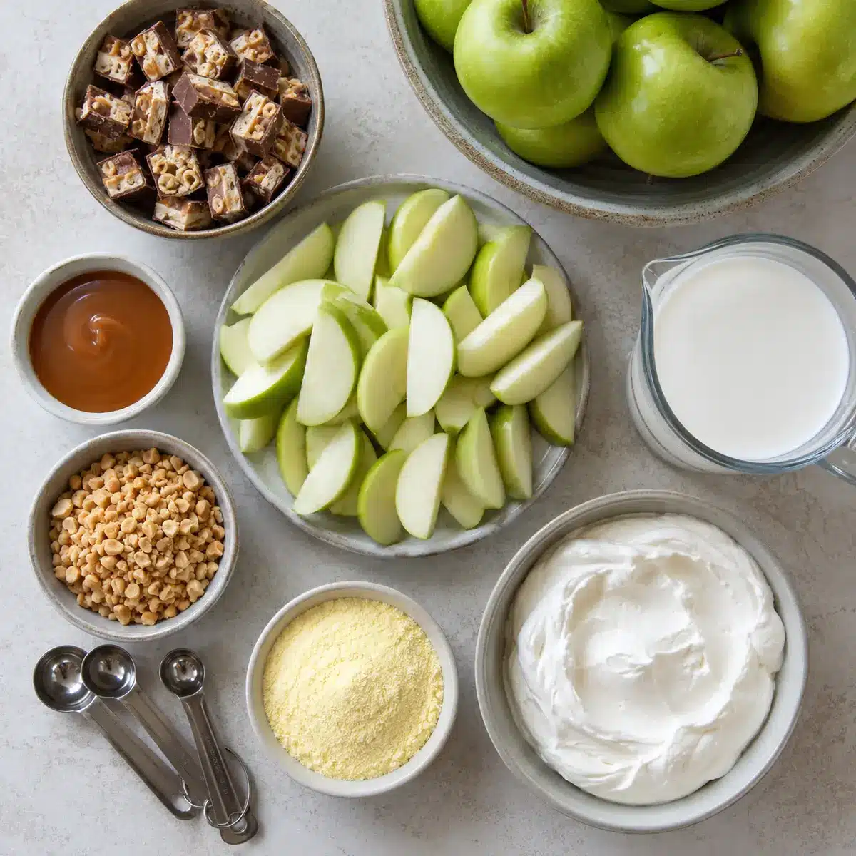 Ingredients for Snicker apple salad arranged overhead