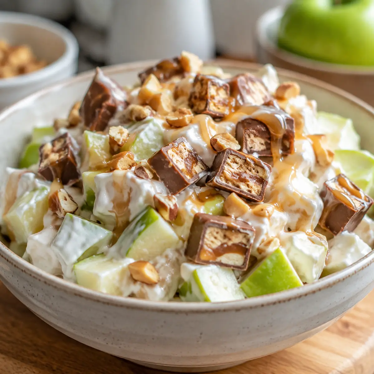 Creamy Snicker apple salad with green apples, candy pieces, caramel, and peanuts