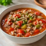 Homemade stuffed pepper soup with ground beef, rice, tomatoes and bell peppers