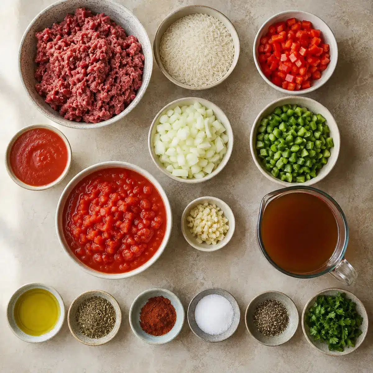 Stuffed pepper soup ingredients arranged overhead on a light stone counter