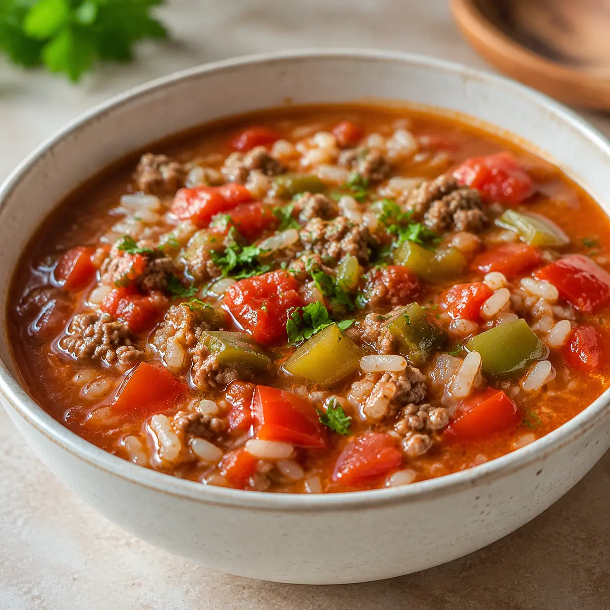 Homemade stuffed pepper soup with ground beef, rice, tomatoes and bell peppers