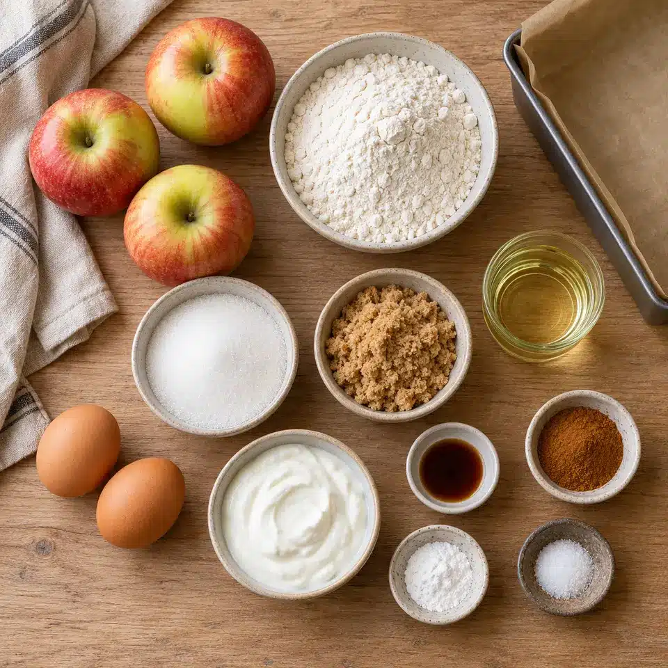 Ingredients for an apple baked goods recipe